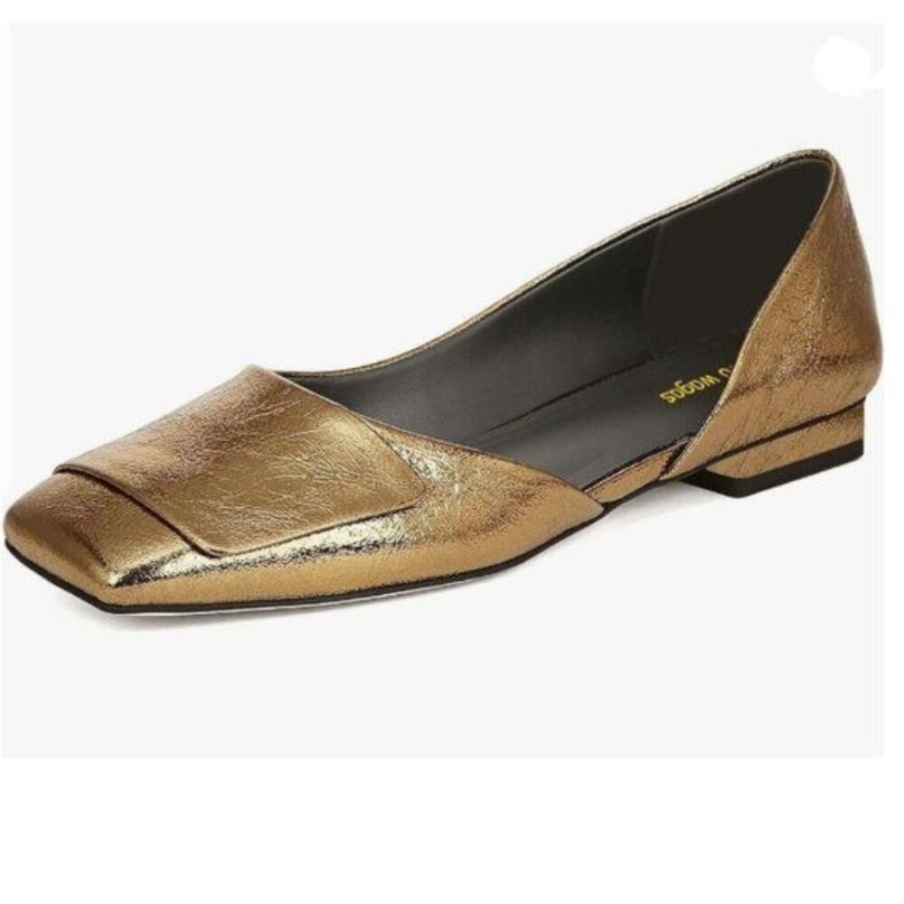 Wo Wagas Gold Side Cut Block Low Heels Square Toe Slip On Pumps Working Shopping